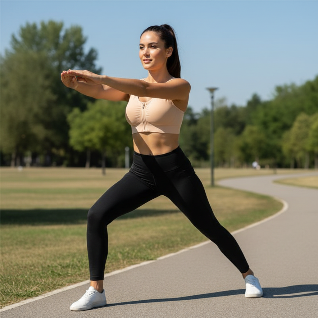Brassière femme sport beige pour étirements en extérieur
