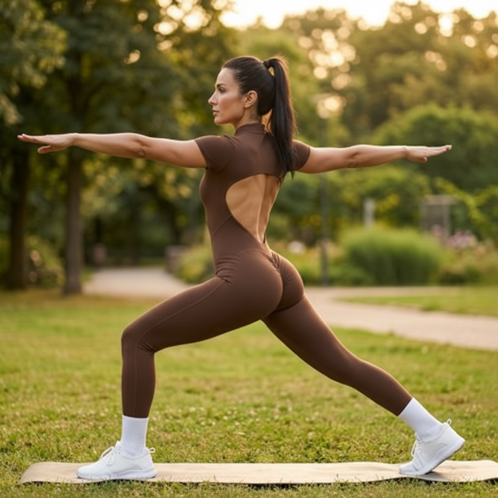 Combinaison yoga marron | bras écartés